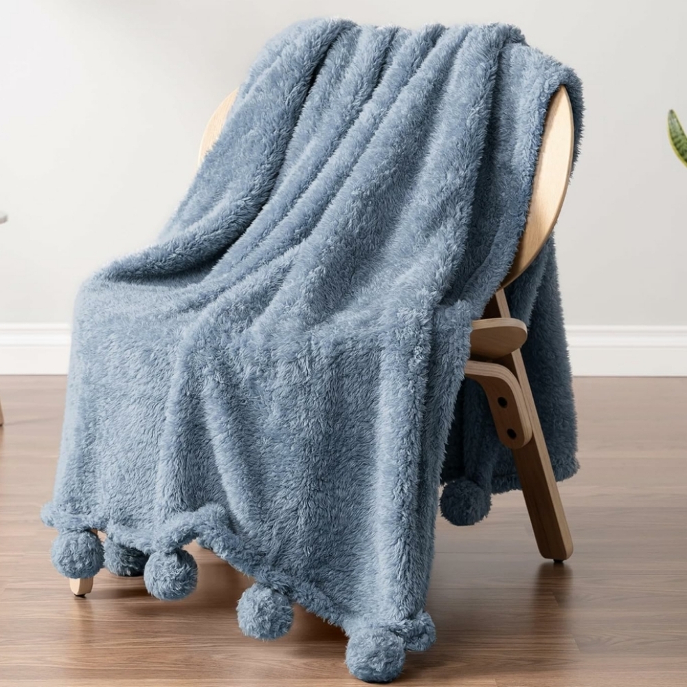 Cozy Blue Throw Blanket with Pom Poms